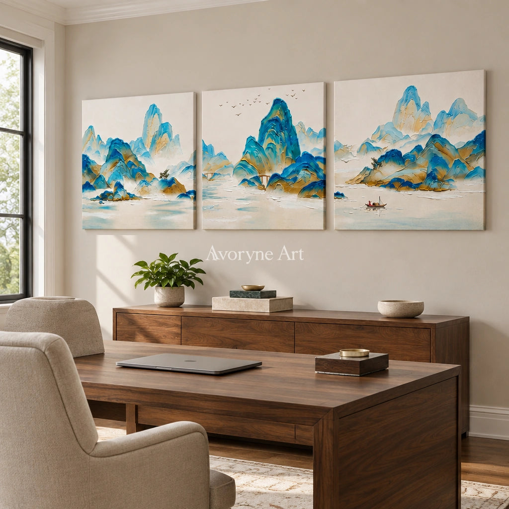 Faint Gesture green mountain triptych as a frameless stretched canvas in a home office