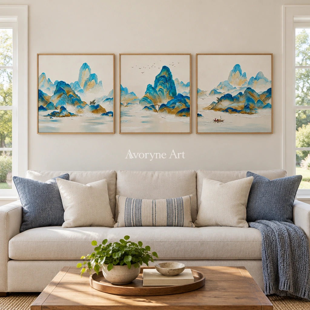 Faint Gesture green mountain triptych with a wood frame in a villa living space