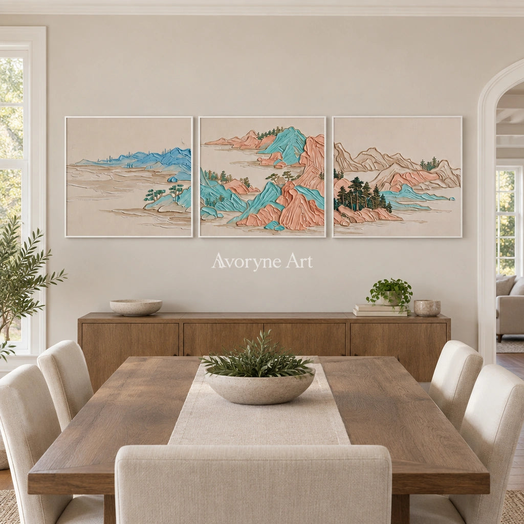 Faint Mosaic green mountain triptych with a white frame in a dining room