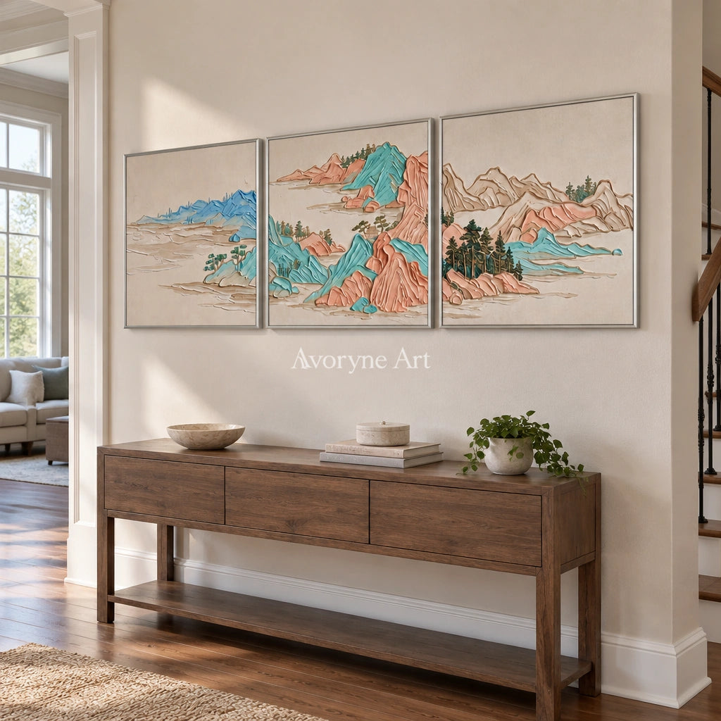 Faint Mosaic green mountain triptych with a silver frame in an entryway