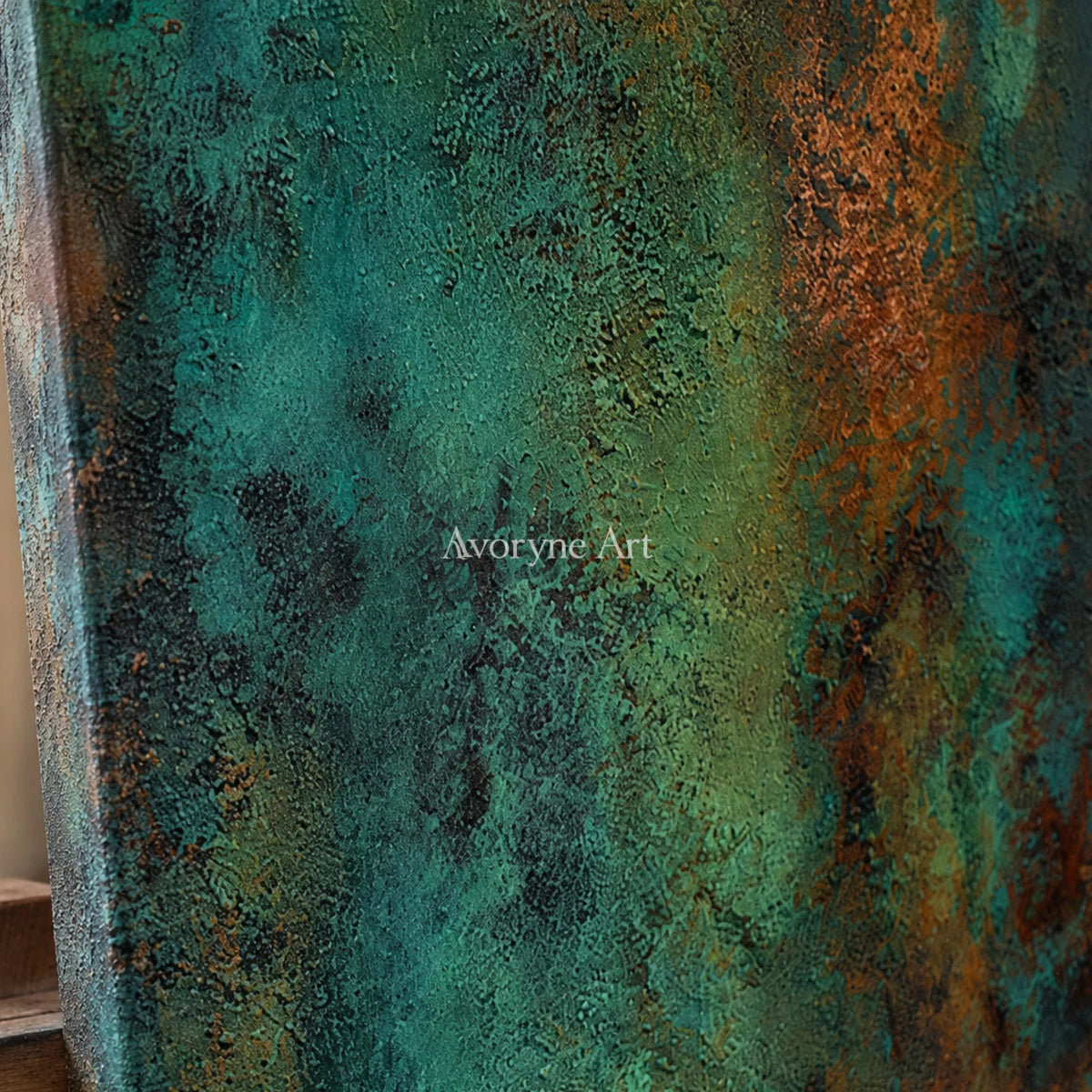 Mineral Patina: Green Narrow Textured Abstract Wall Art — detail easel