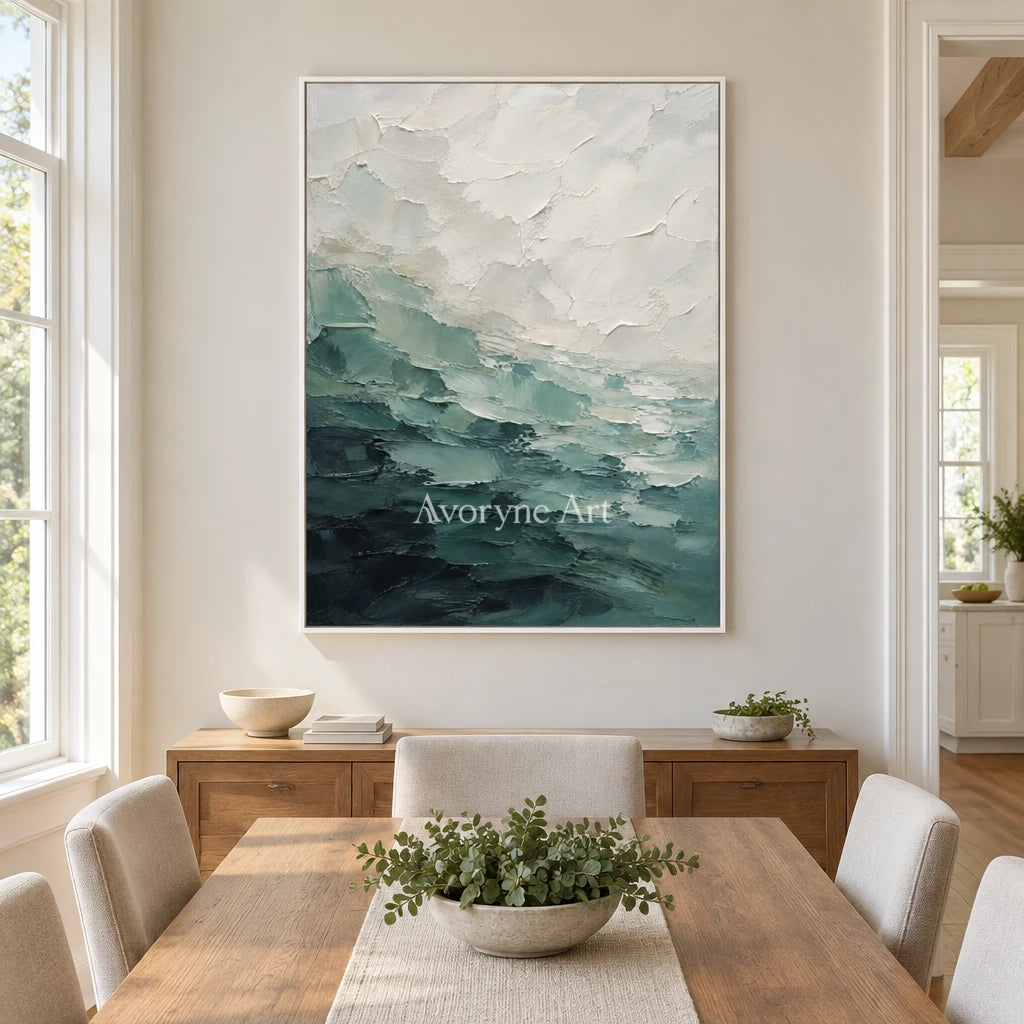 Jade Breaker: Green Ocean Texture Wall Art — dining white