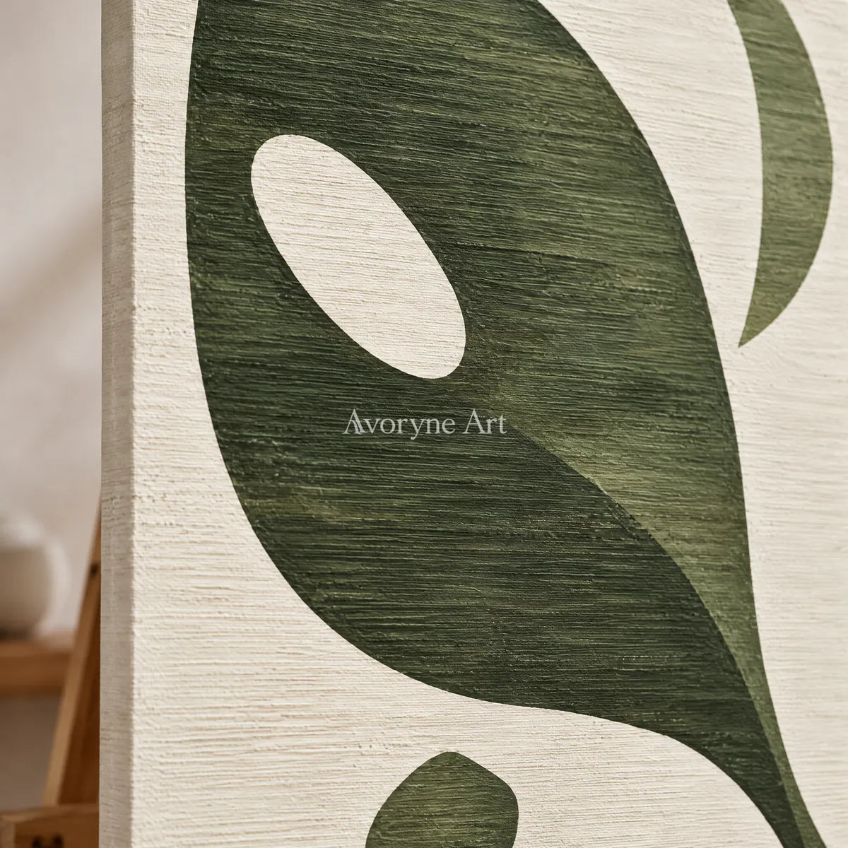 Olive Aperture: Green Organic Abstract Wall Art — detail easel