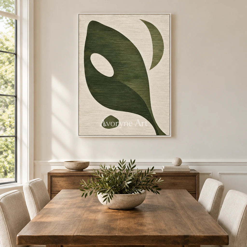Olive Aperture: Green Organic Abstract Wall Art — dining white