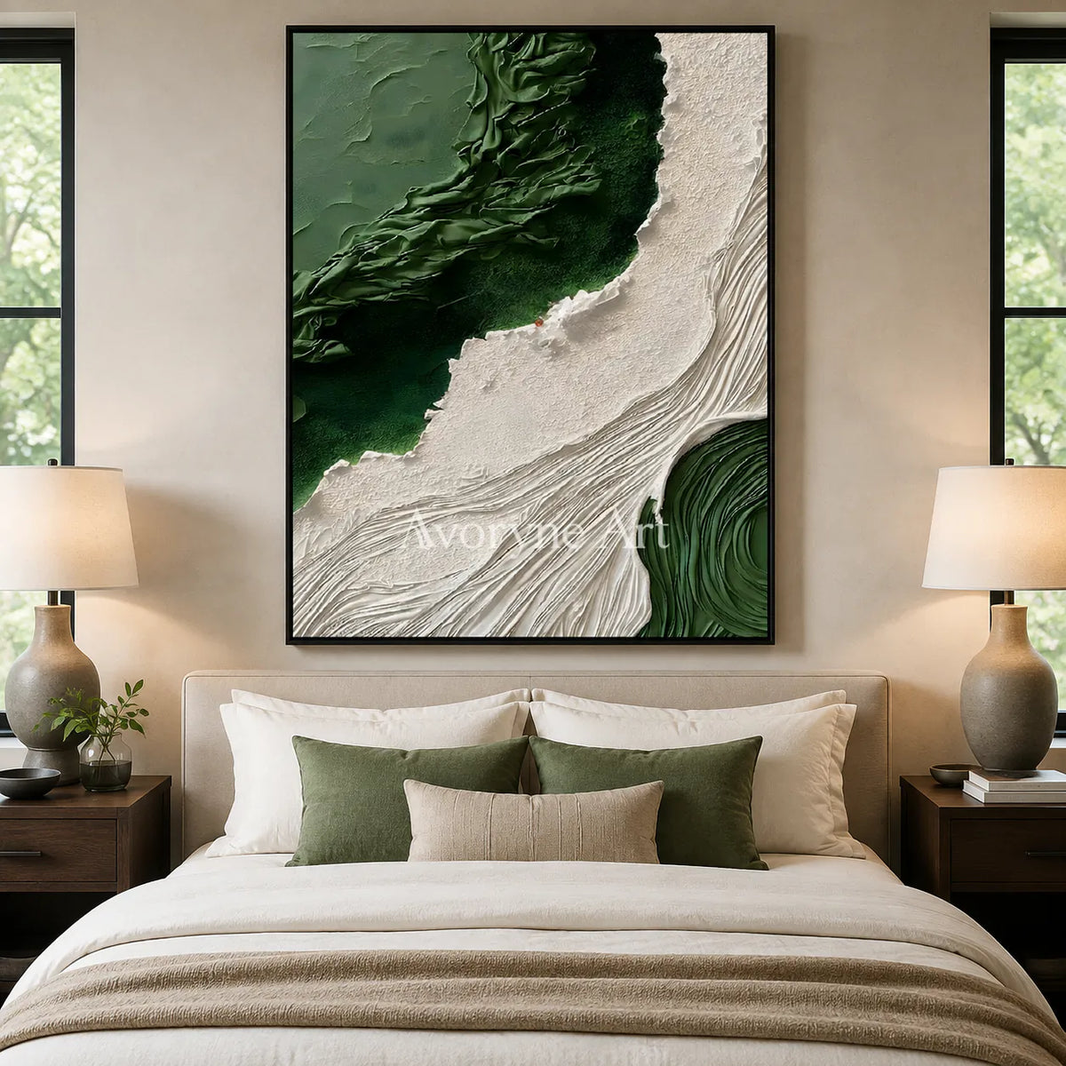 Moss Current: Green Organic Textured Abstract Wall Art - bedroom black frame