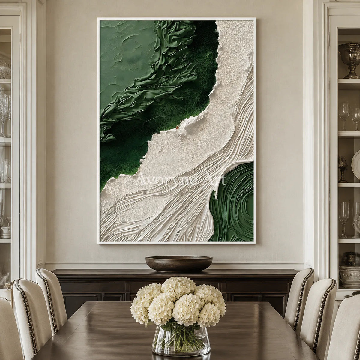 Moss Current: Green Organic Textured Abstract Wall Art - dining room white frame