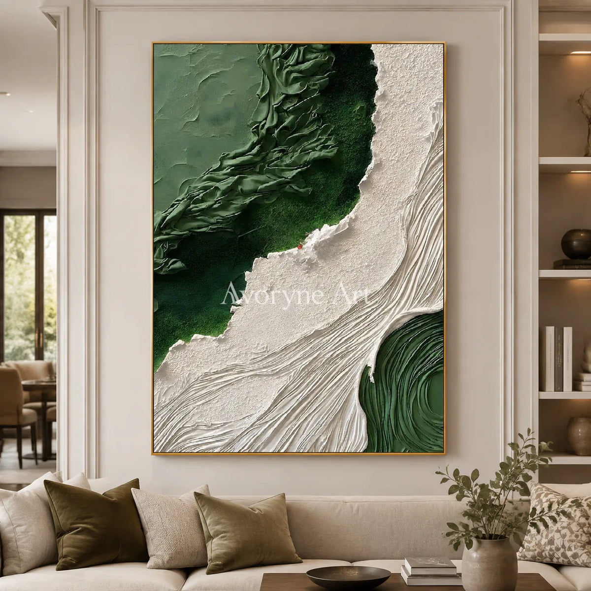 Moss Current: Green Organic Textured Abstract Wall Art - living room gold frame