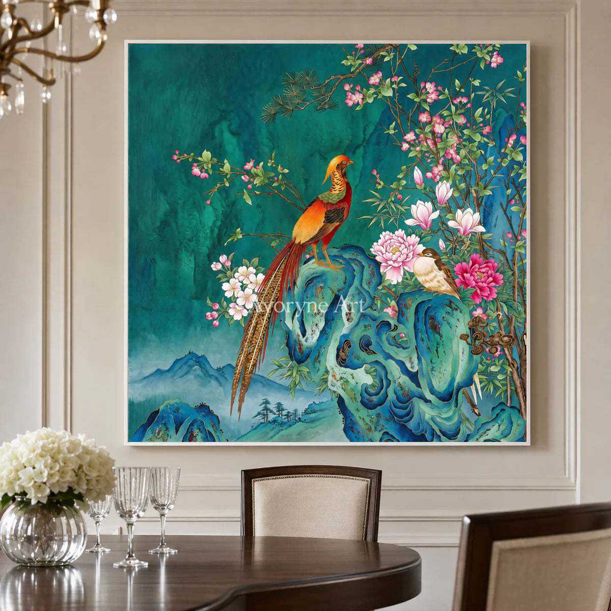 Jade Court: Green Pheasant and Floral Wall Art — dining room white frame