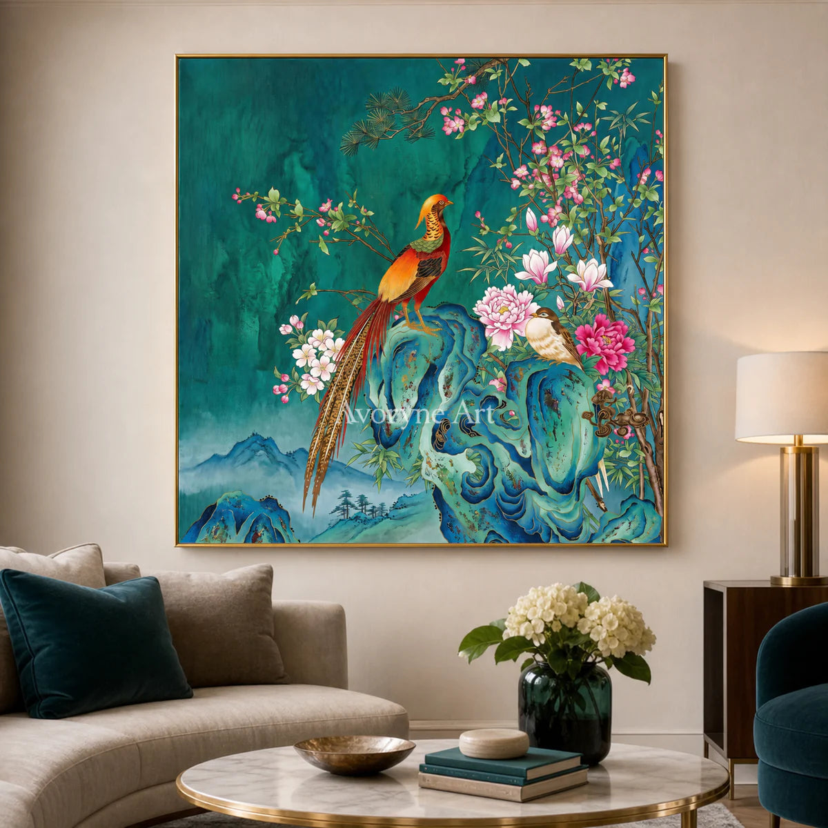 Jade Court: Green Pheasant and Floral Wall Art — living room gold frame