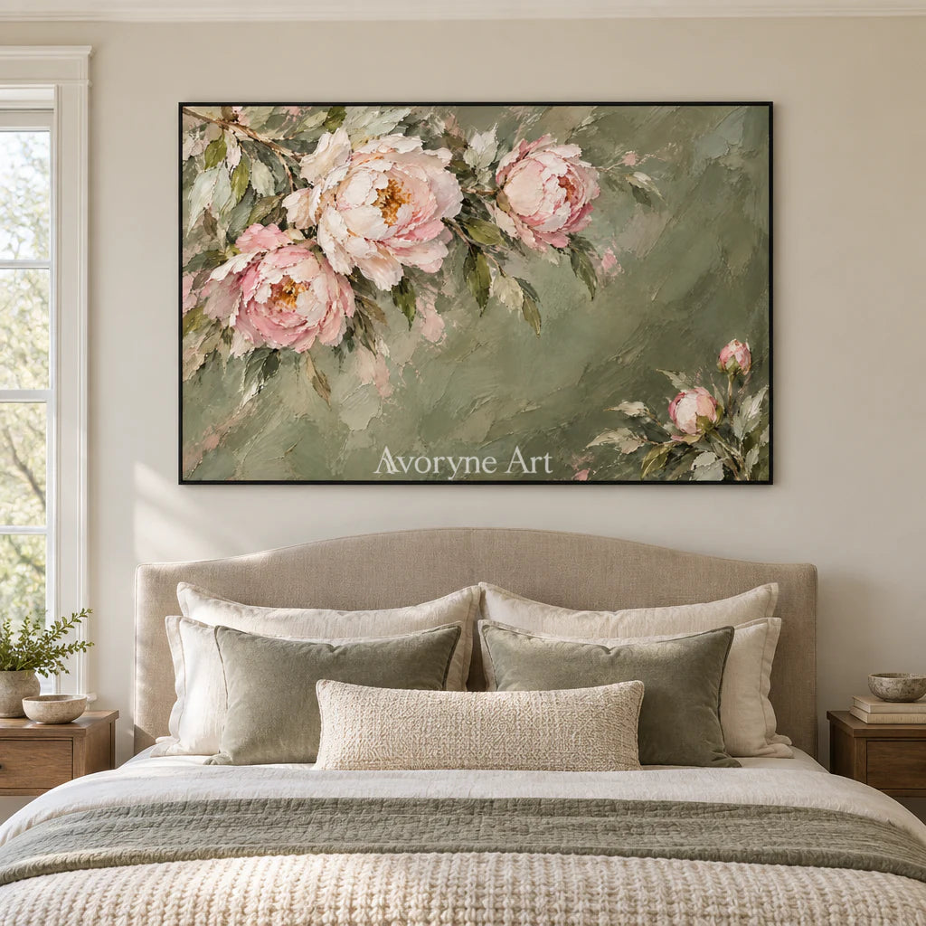Peony Reverie: Green Pink Floral Landscape Wall Art — bedroom black