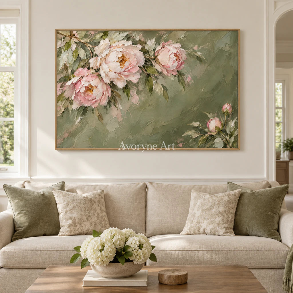 Peony Reverie: Green Pink Floral Landscape Wall Art — villa wood