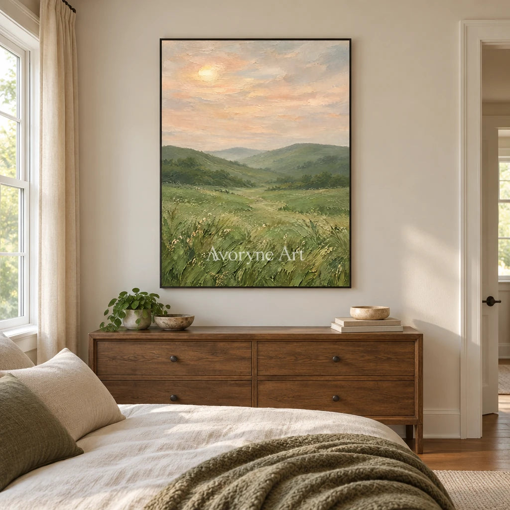 Meadow Expanse: Green Rolling Landscape Wall Art — bedroom black
