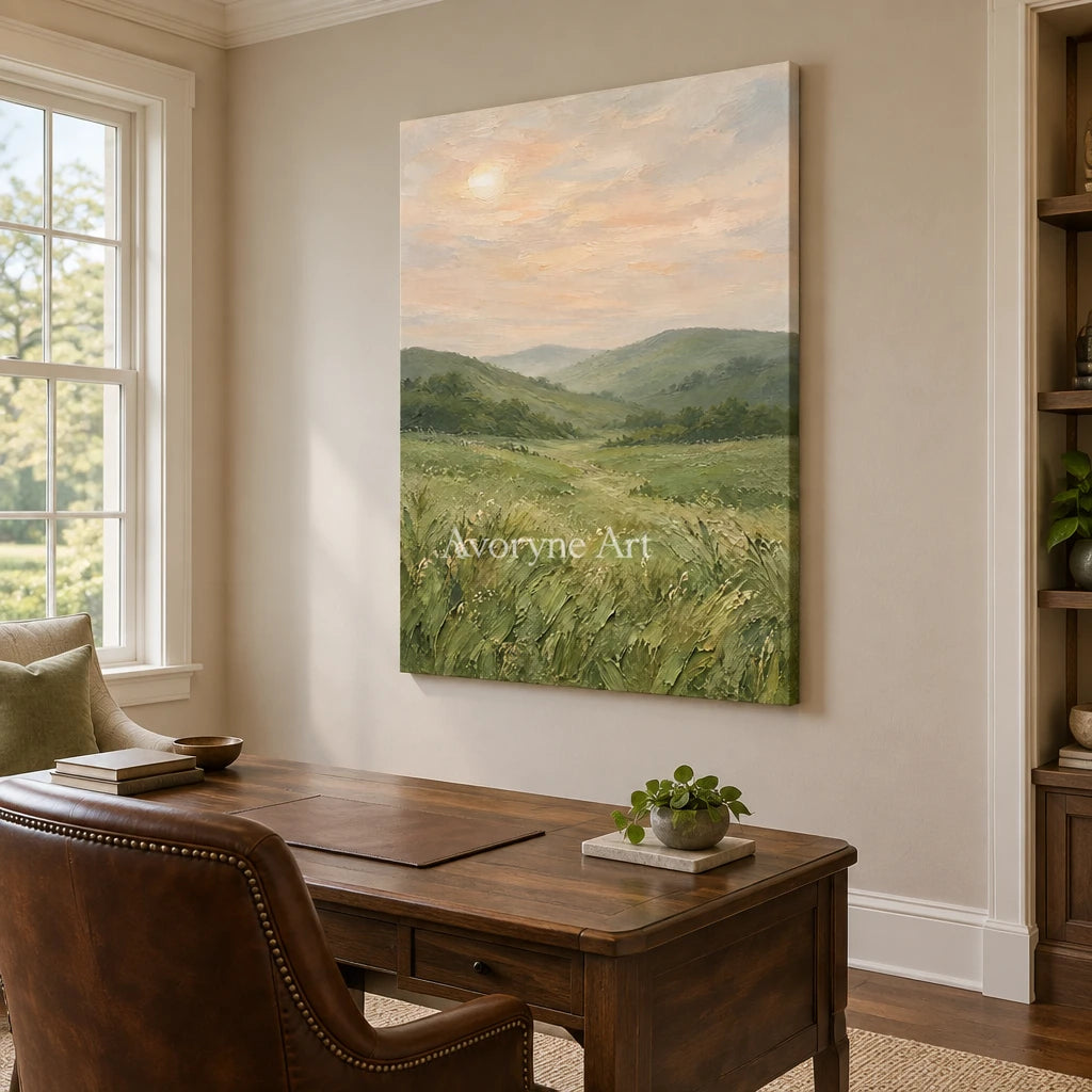 Meadow Expanse: Green Rolling Landscape Wall Art — office frameless