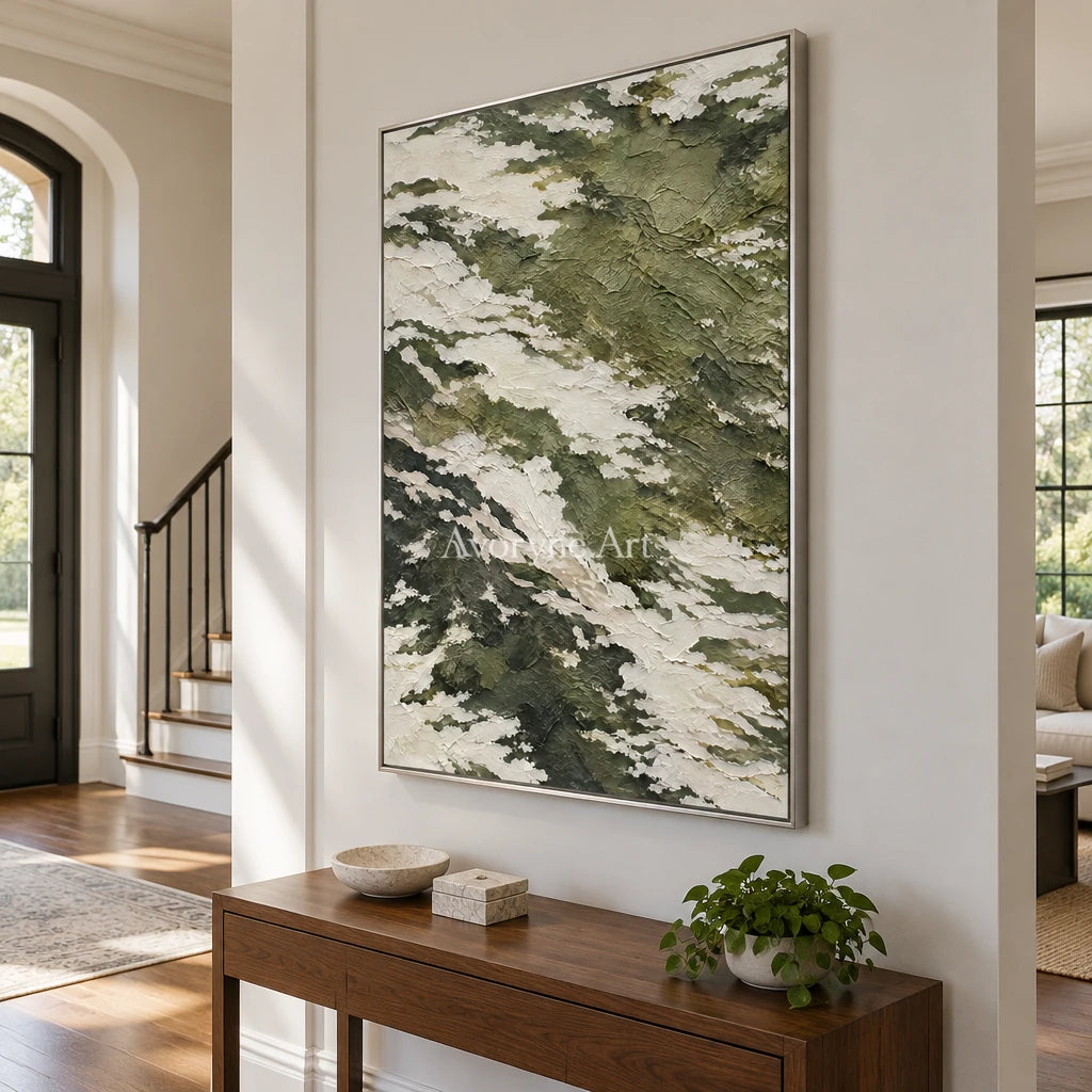 Olive Drift: Green Textured Abstract Wall Art — entry silver