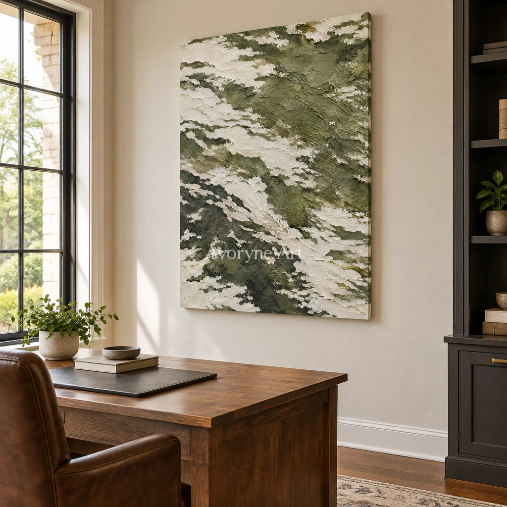 Olive Drift: Green Textured Abstract Wall Art — office frameless