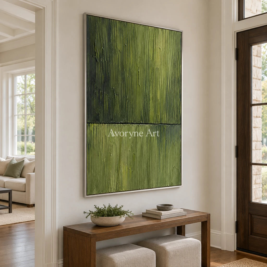 Verdant Divide: Green Textured Abstract Wall Art — entry silver