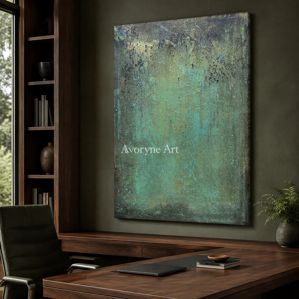 Verdigris Field: Green Weathered Textured Abstract Wall Art — office frameless
