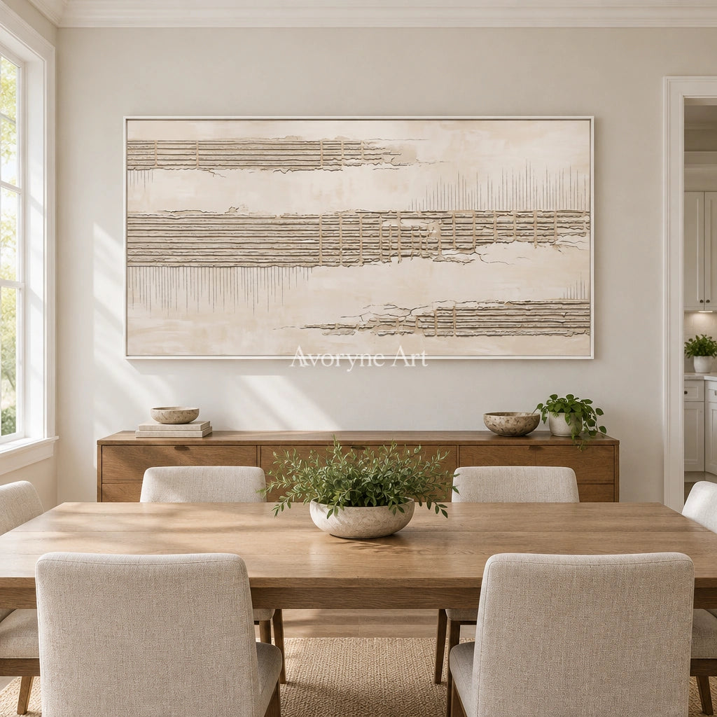 Amber Reverie grooved texture wall art with a white frame in a dining room