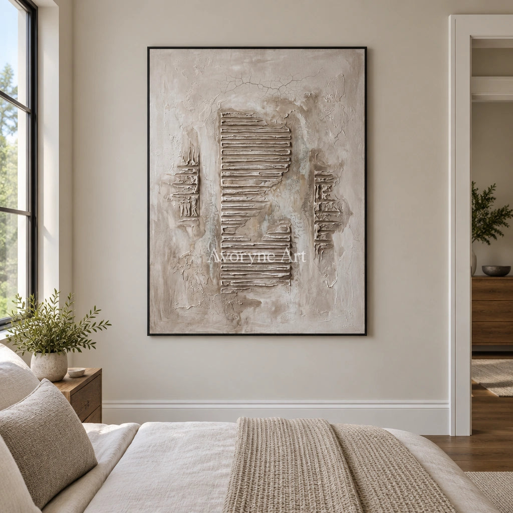 Amber Gesture grooved texture wall art with a black frame above a bed in a bedroom