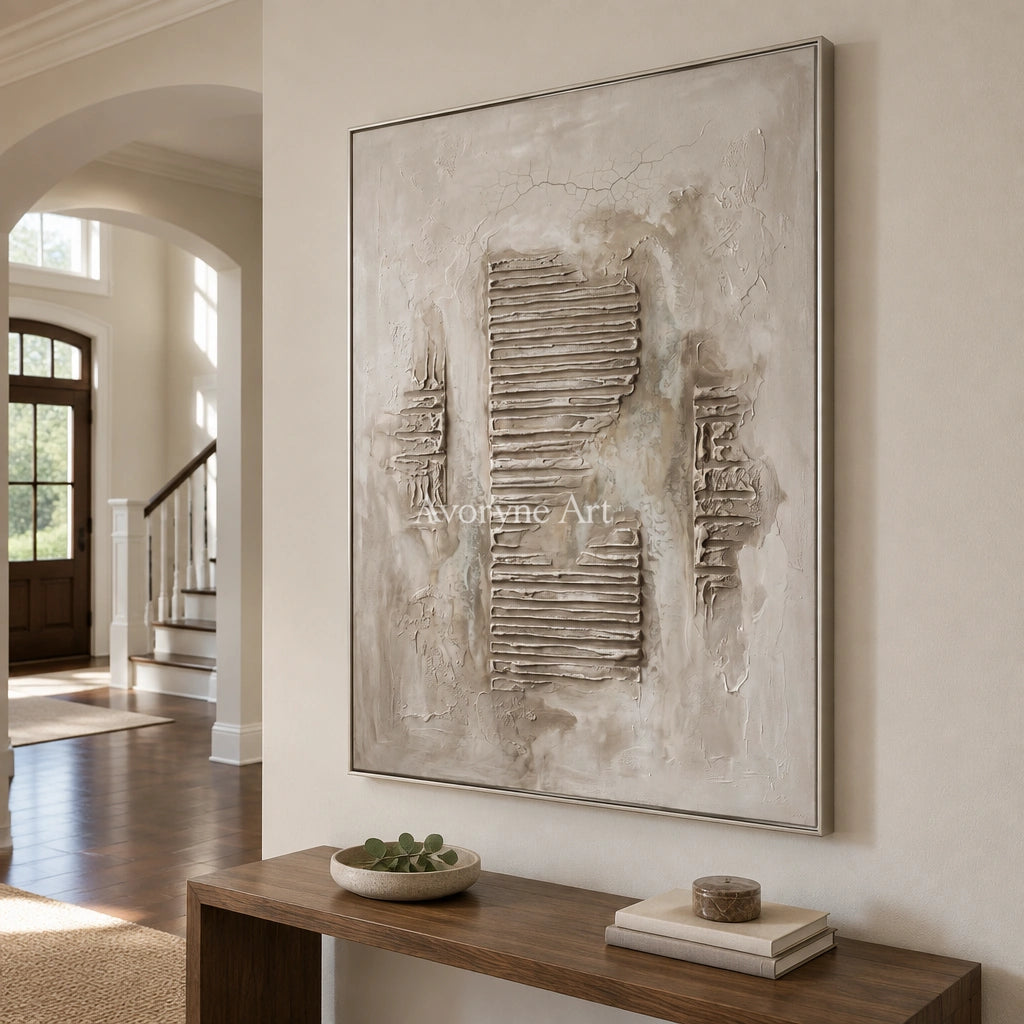 Amber Gesture grooved texture wall art with a silver frame in an entryway