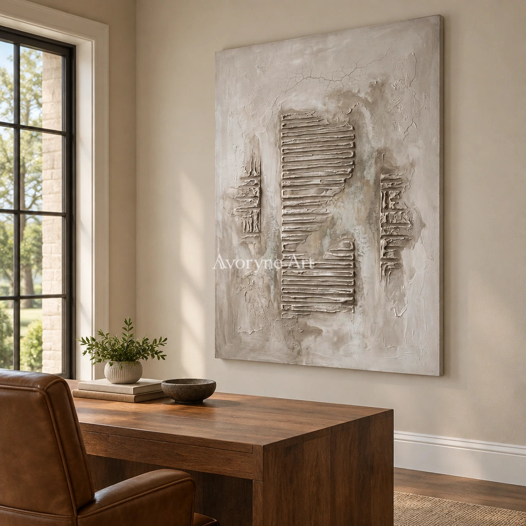 Amber Gesture grooved texture wall art as a frameless stretched canvas in a home office