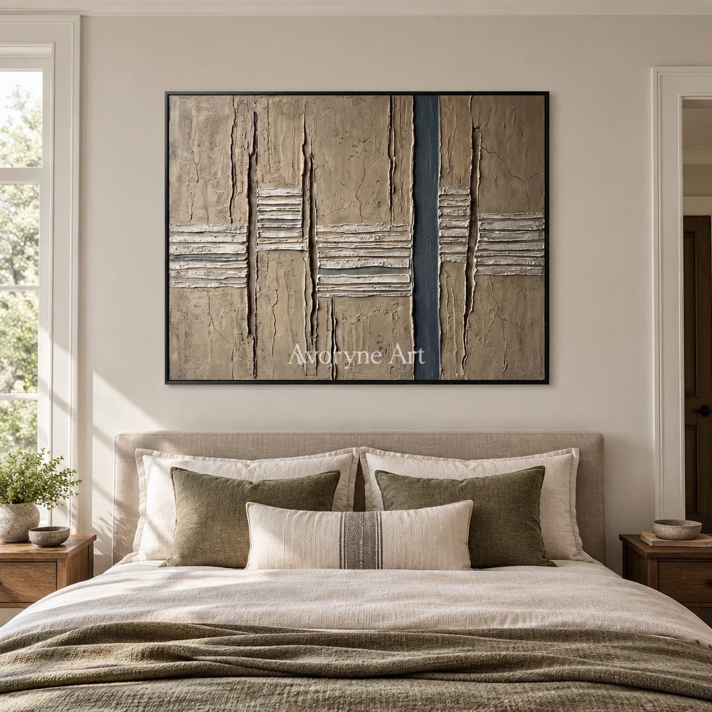 Amber Mosaic grooved texture wall art with a black frame above a bed in a bedroom