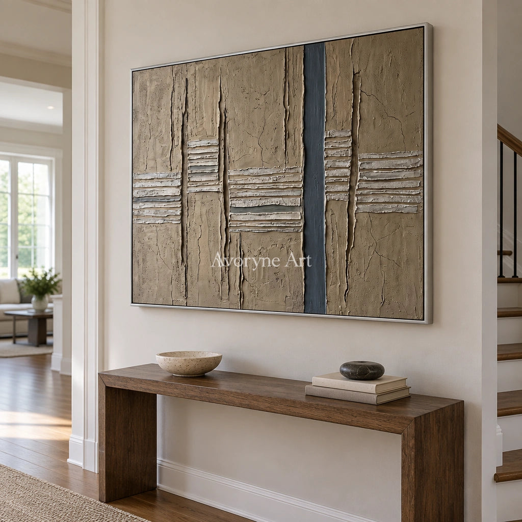 Amber Mosaic grooved texture wall art with a silver frame in an entryway