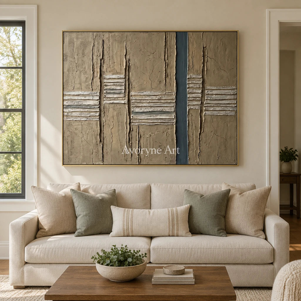 Amber Mosaic grooved texture wall art with a gold frame hanging in a living room