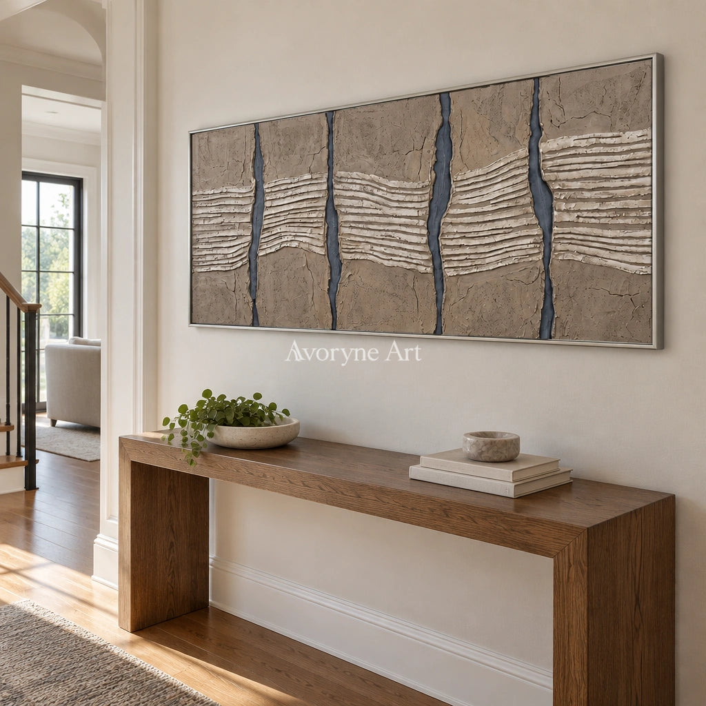 Amber Memory grooved texture wall art with a silver frame in an entryway