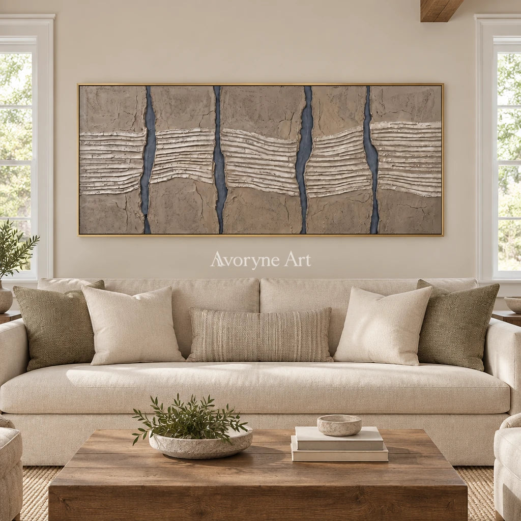 Amber Memory grooved texture wall art with a gold frame hanging in a living room