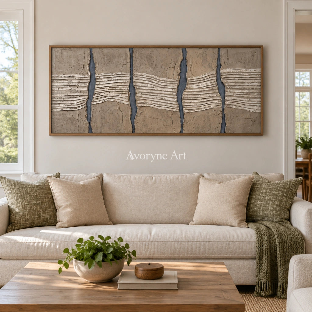Amber Memory grooved texture wall art with a wood frame in a villa living space