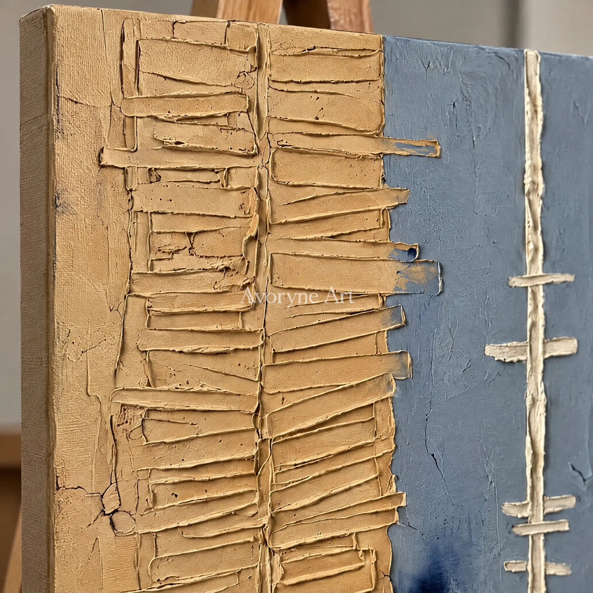 Close-up of the hand-painted texture of Amber Trace grooved texture wall art on an easel