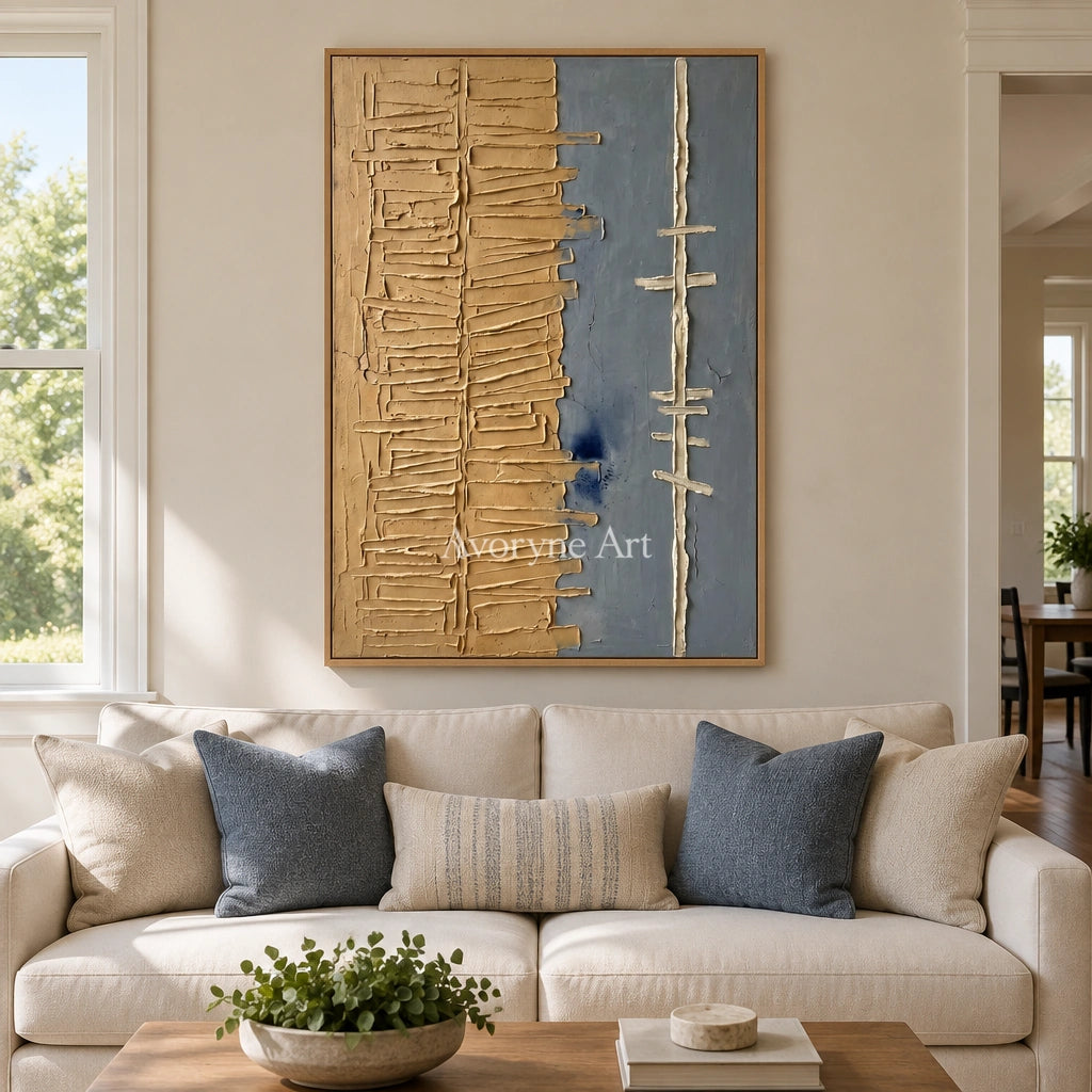 Amber Trace grooved texture wall art with a wood frame in a villa living space