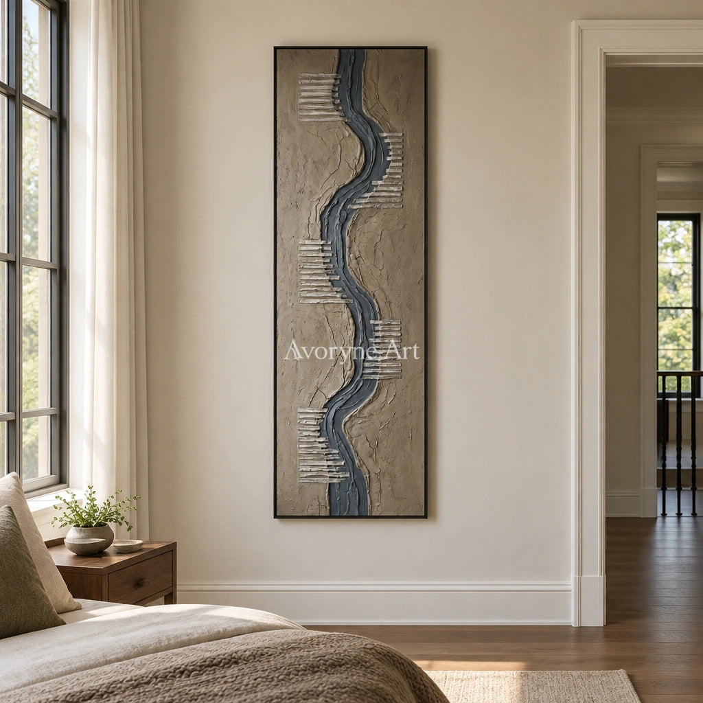 Amber Story grooved texture wall art with a black frame above a bed in a bedroom