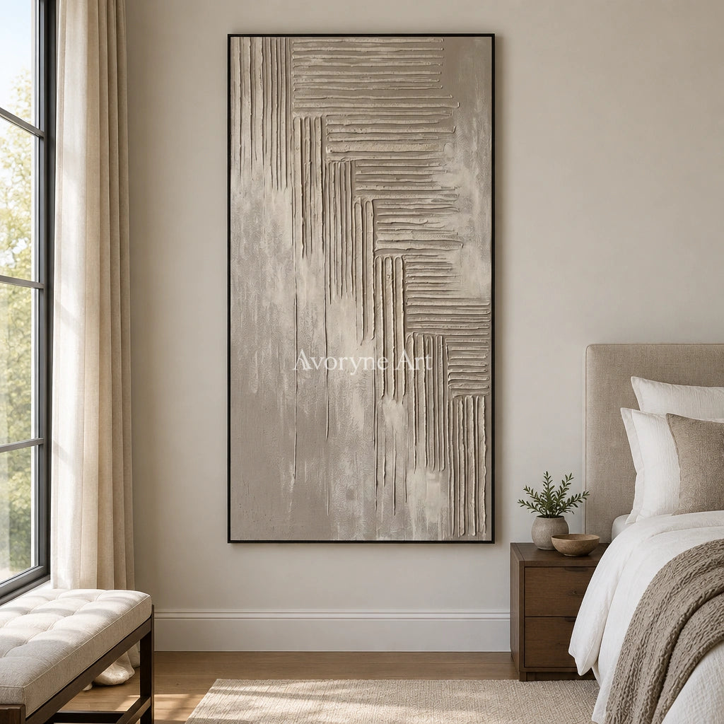 Amber Current grooved texture wall art with a black frame above a bed in a bedroom