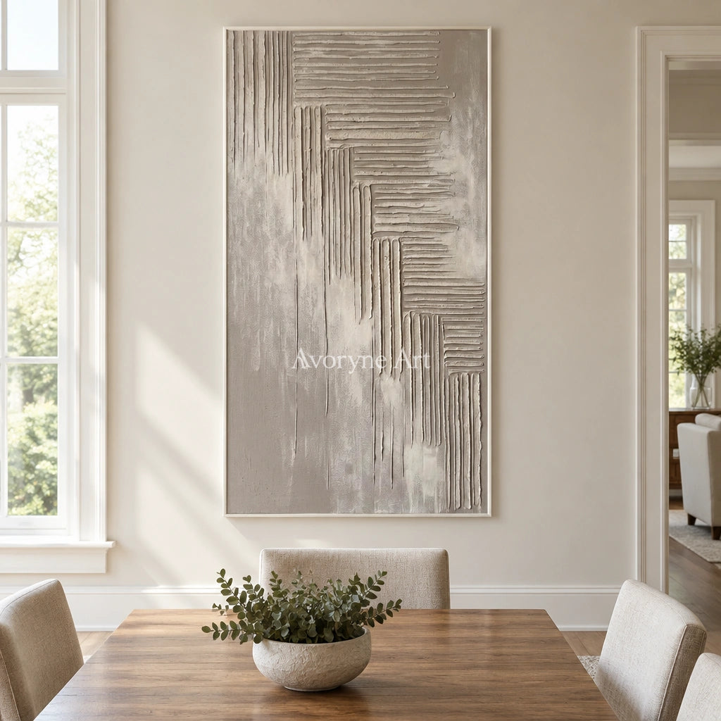 Amber Current grooved texture wall art with a white frame in a dining room