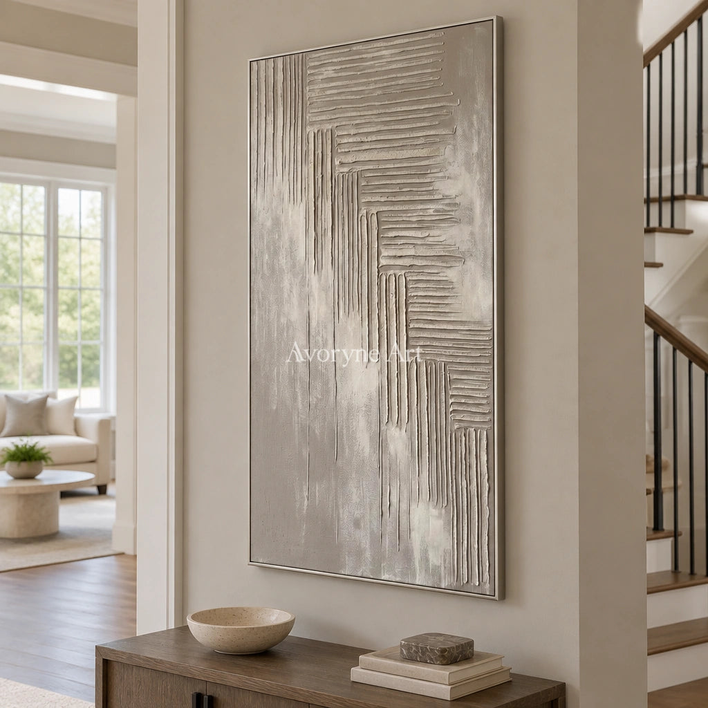 Amber Current grooved texture wall art with a silver frame in an entryway