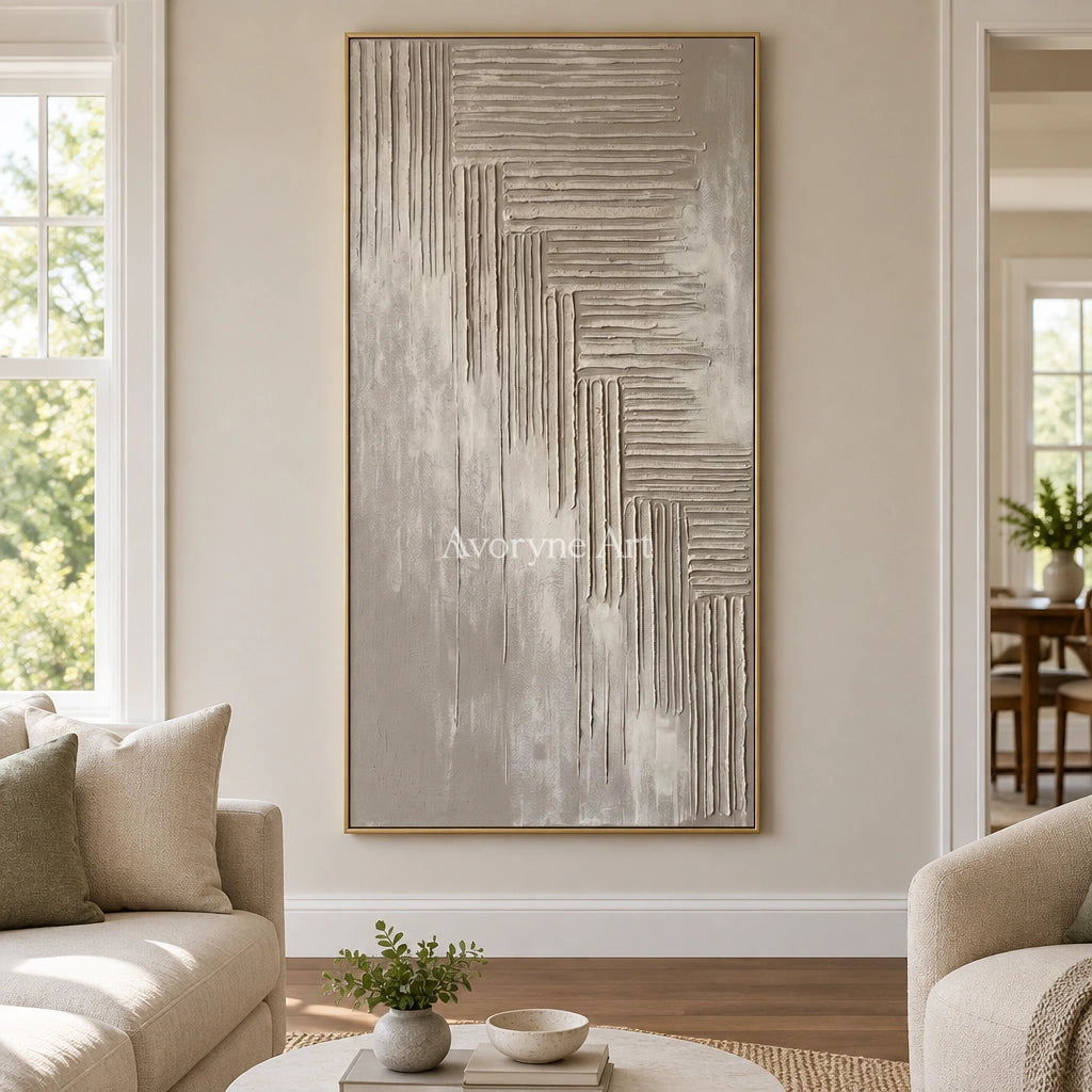 Amber Current grooved texture wall art with a gold frame hanging in a living room