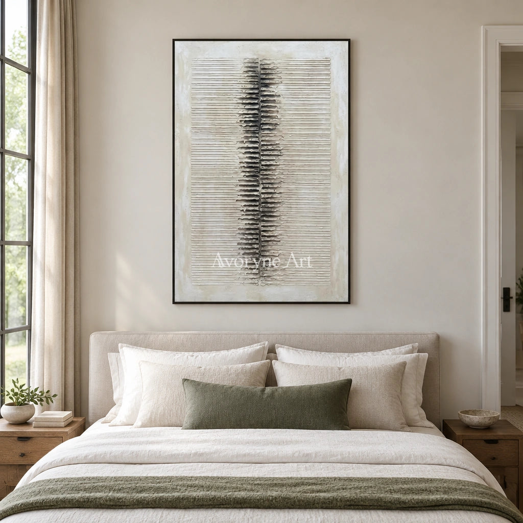 Amber Dialogue grooved texture wall art with a black frame above a bed in a bedroom