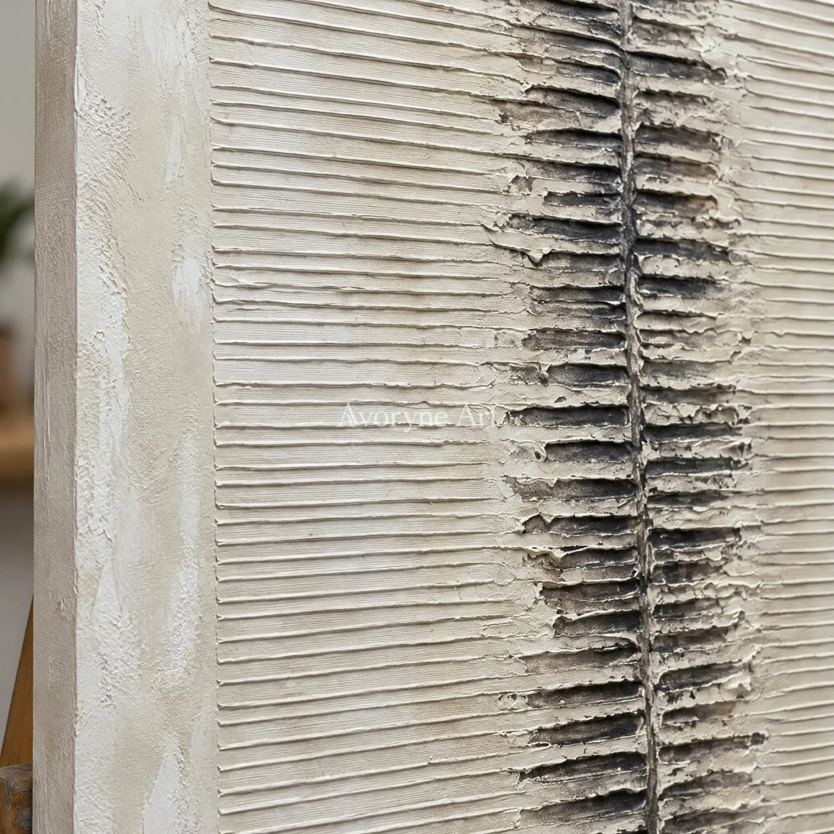 Close-up of the hand-painted texture of Amber Dialogue grooved texture wall art on an easel
