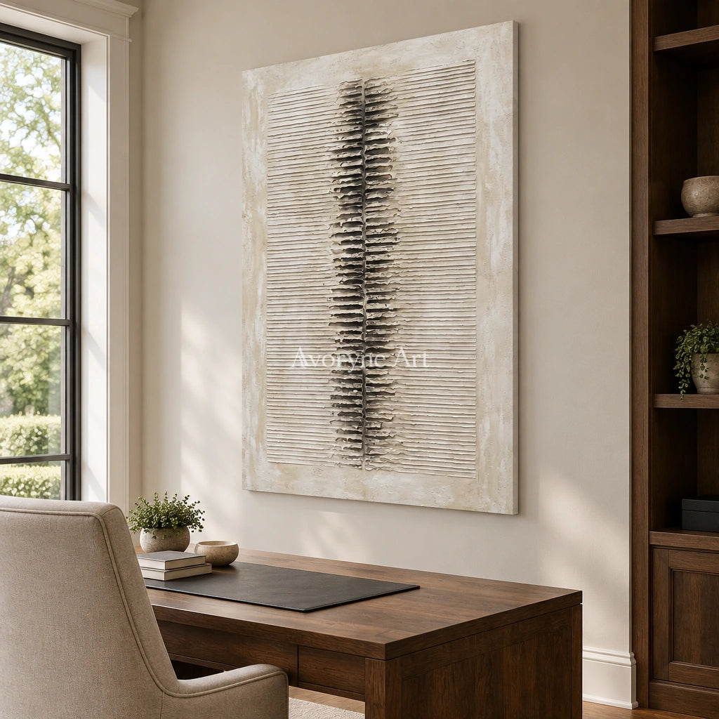 Amber Dialogue grooved texture wall art as a frameless stretched canvas in a home office
