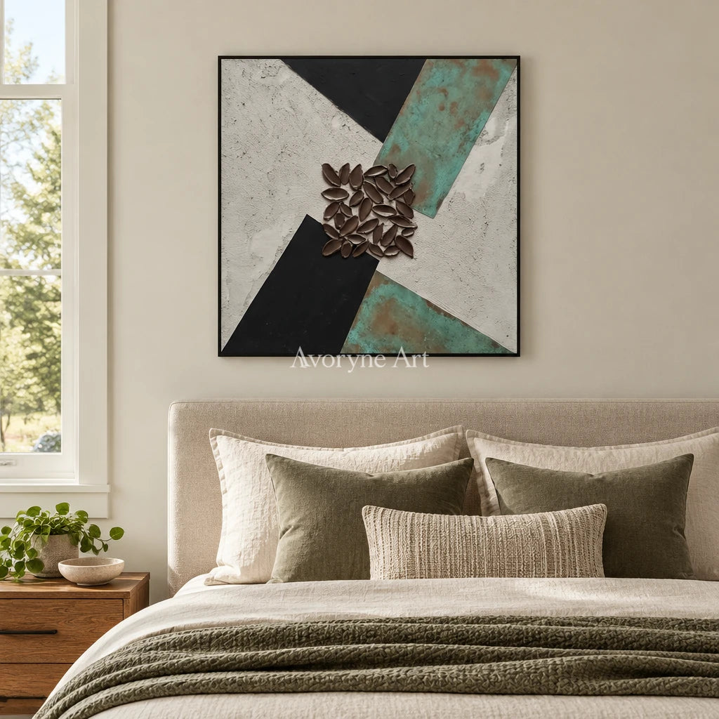 Soft Horizon grooved texture wall art with a black frame above a bed in a bedroom