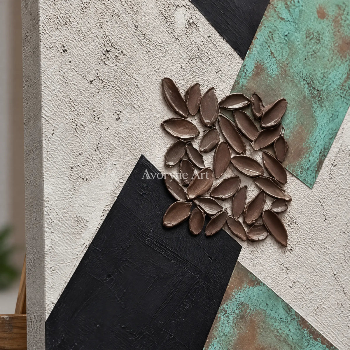 Close-up of the hand-painted texture of Soft Horizon grooved texture wall art on an easel