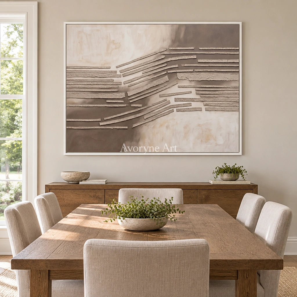 Soft Drift grooved texture wall art with a white frame in a dining room