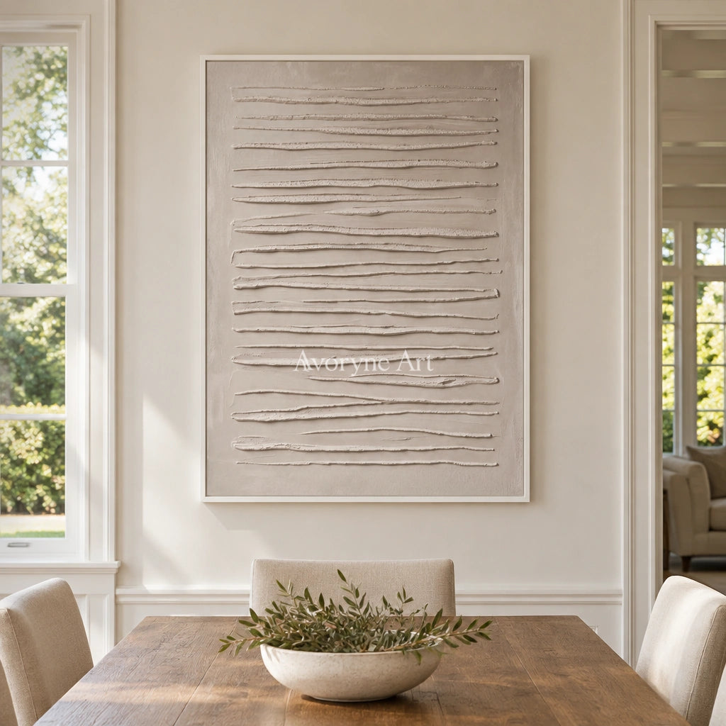Soft Memory grooved texture wall art with a white frame in a dining room