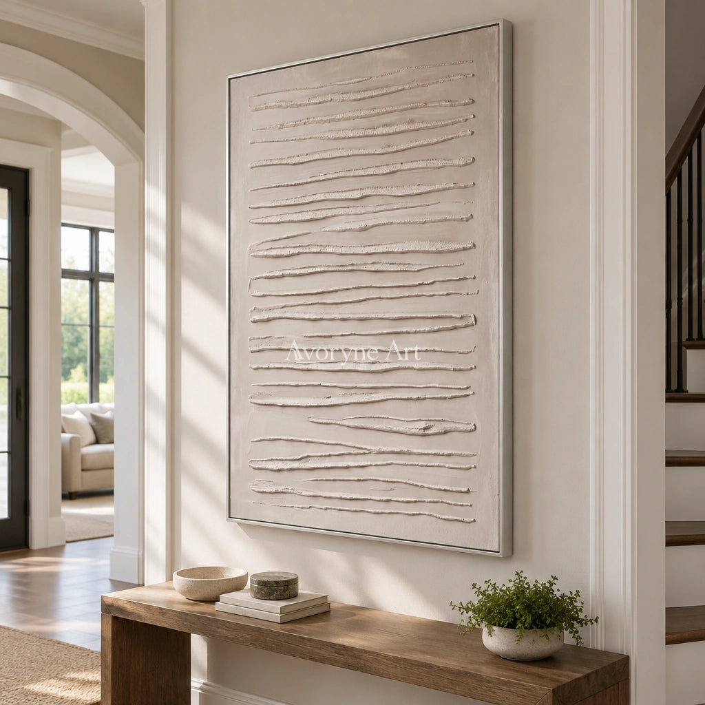 Soft Memory grooved texture wall art with a silver frame in an entryway
