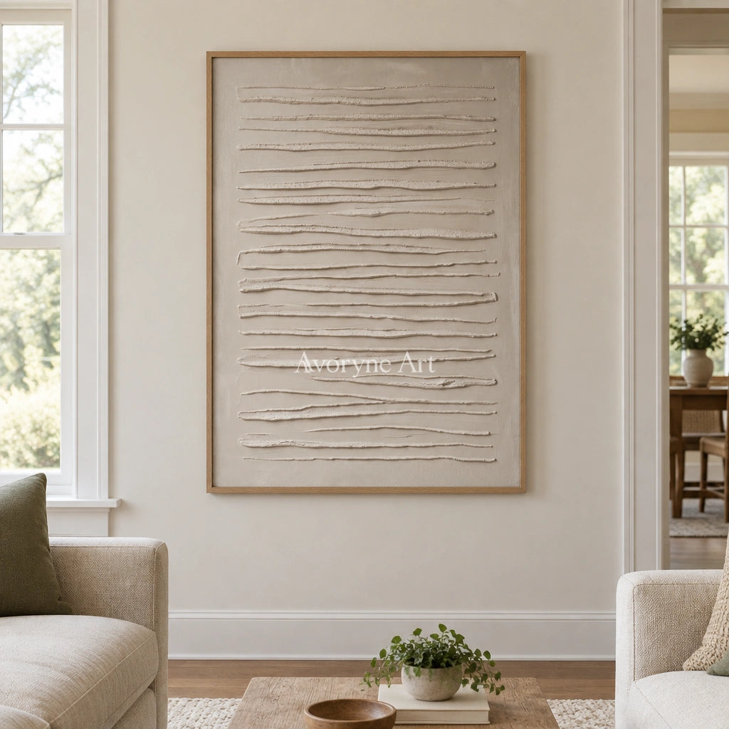 Soft Memory grooved texture wall art with a wood frame in a villa living space