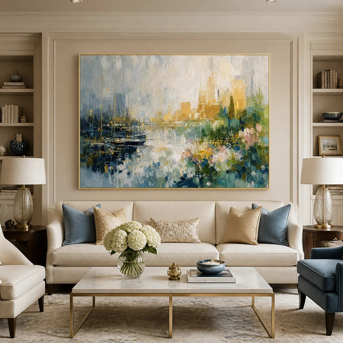 Harbor Bloom: Coastal Abstract Wall Art - living room gold frame