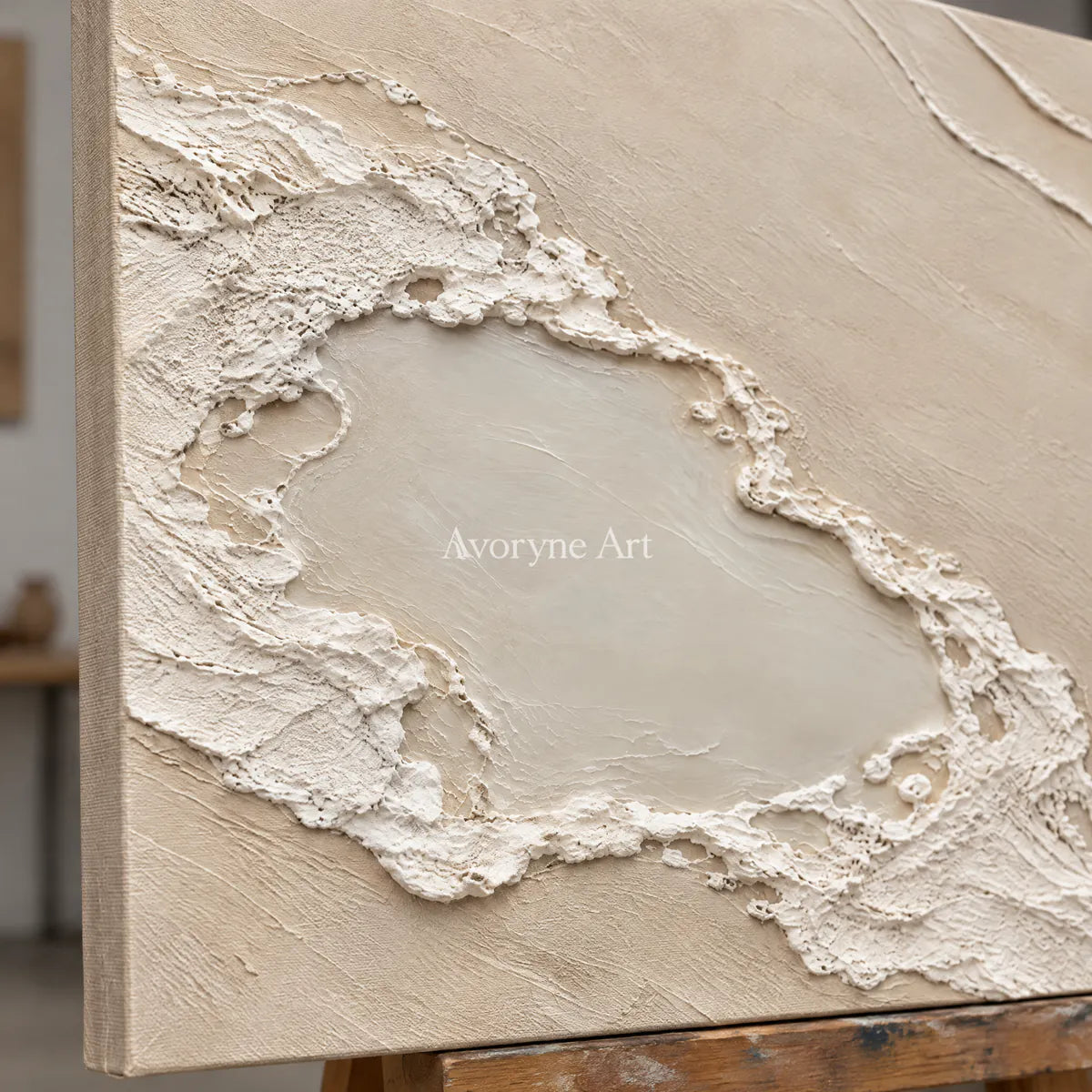 Tidal Enclosure: Impasto Beige Coastal Relief Wall Art — detail easel