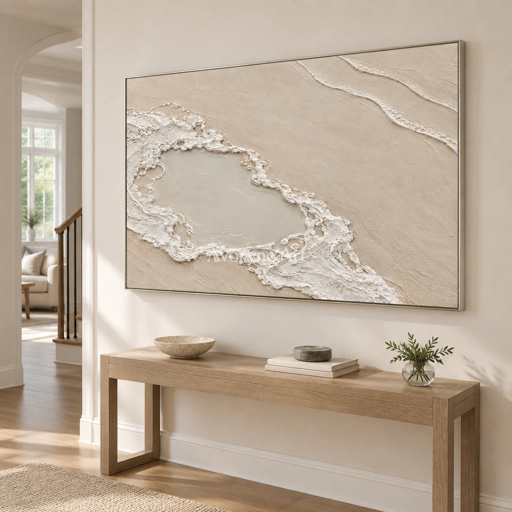 Tidal Enclosure: Impasto Beige Coastal Relief Wall Art — entry silver